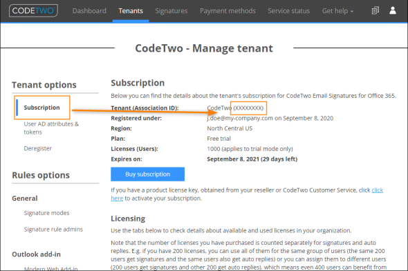 Tenant Association ID on the tenant management pages in the CodeTwo Admin Panel.
