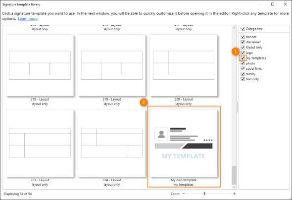 Locating a custom-saved template in the template library.