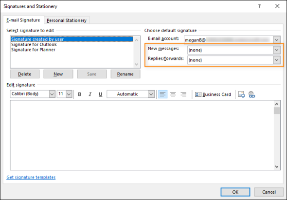 excel vba add default signature to outlook email