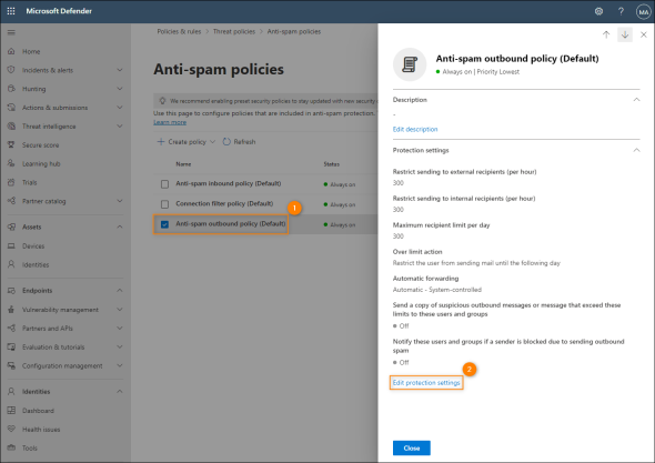 Accessing default anti-spam outbound policy settings.