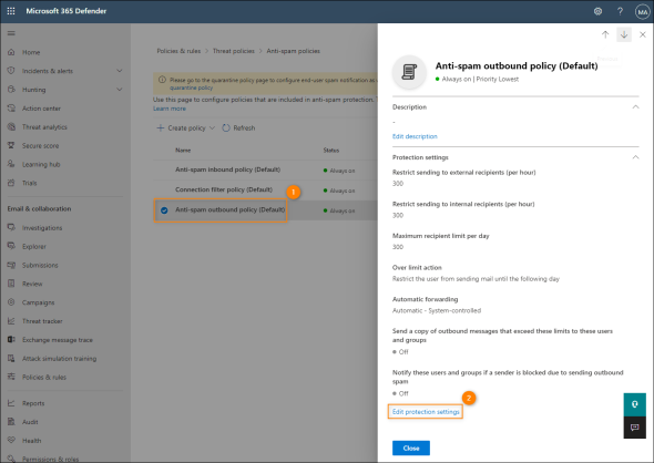 Accessing default anti-spam outbound policy settings.