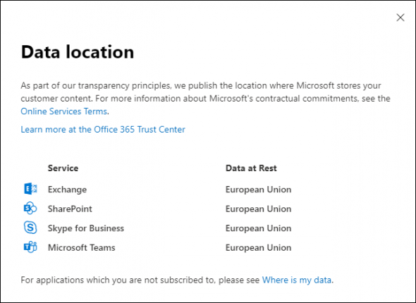 Location of your Office 365 data.