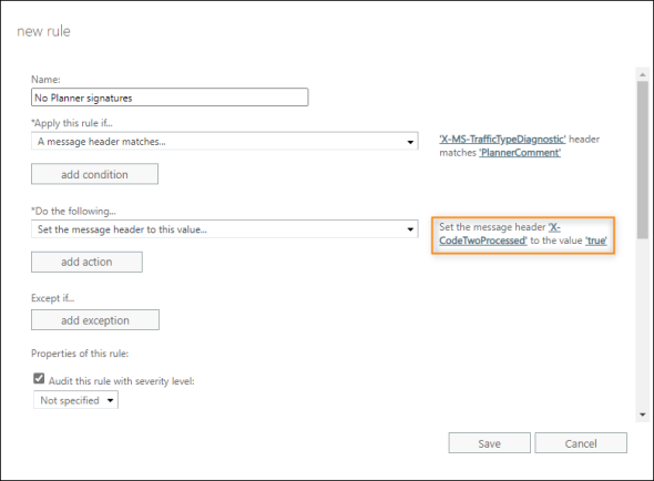 Defining the action to set the CodeTwo-specific header for each Planner message. 
