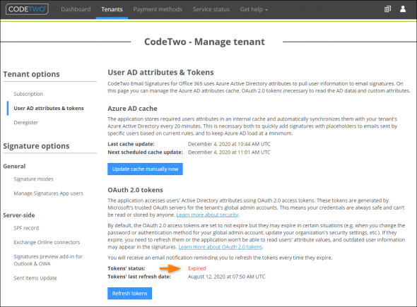 CodeTwo Admin Panel shows that OAuth 2.0 access tokens have expired.