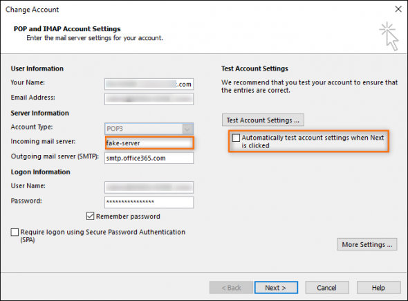 Configuring the connection to a fake incoming mail server.