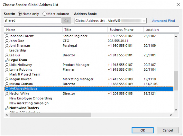 Selecting a shared mailbox from the Global Contact List.
