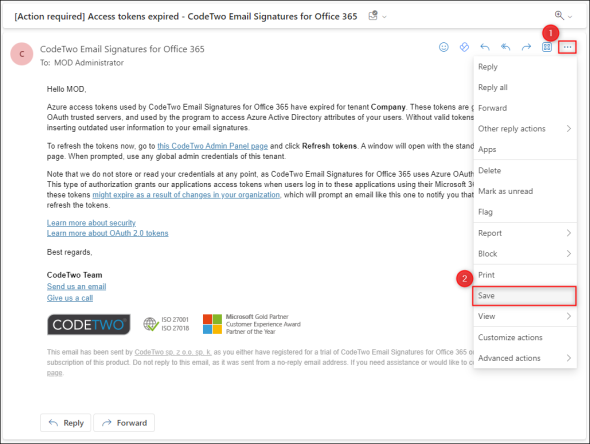 Saving the chosen message to an EML file.