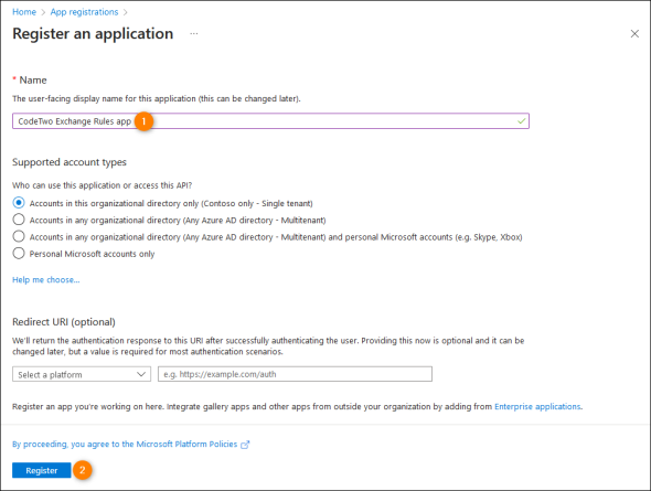 Registering the CodeTwo application with Azure AD.