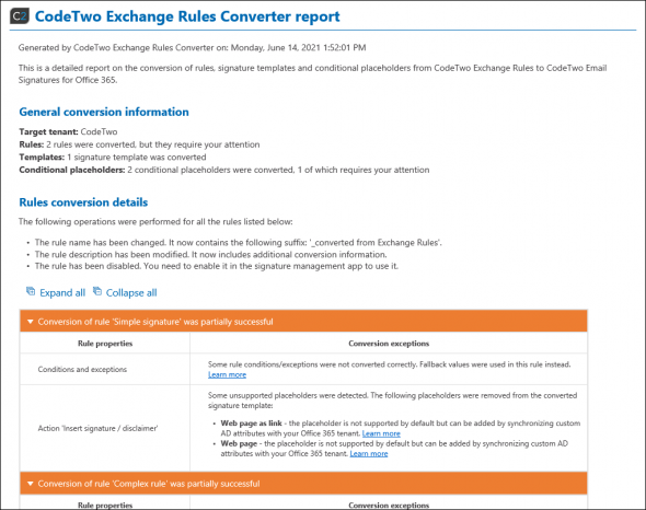 An example of a conversion report.
