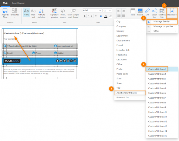 Inserting the CustomAttribute1 placeholder into a signature template.