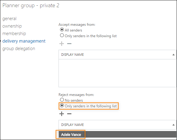 Delivery management settings of a Microsoft 365 group.
