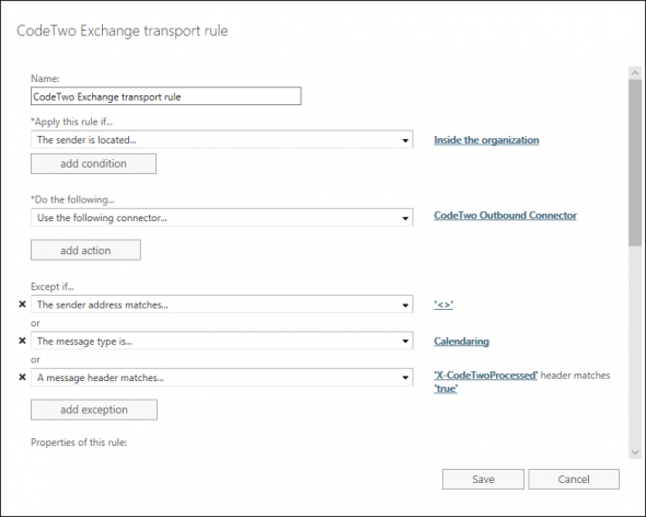 Transport rule configured to add signatures to all emails from internal senders.