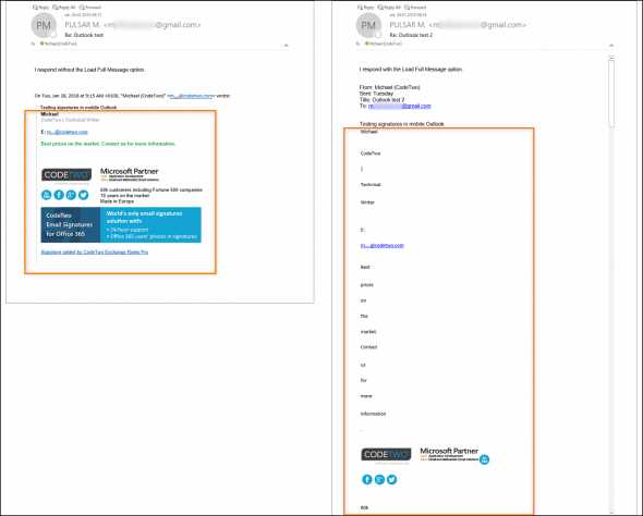 A signature with images before (left) and after (right) using the Load Full Message option in MS Outlook on an Android device.