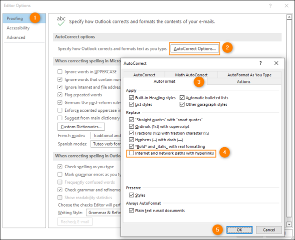 Disabling the automatic hyperlinks feature in Outlook for Windows.