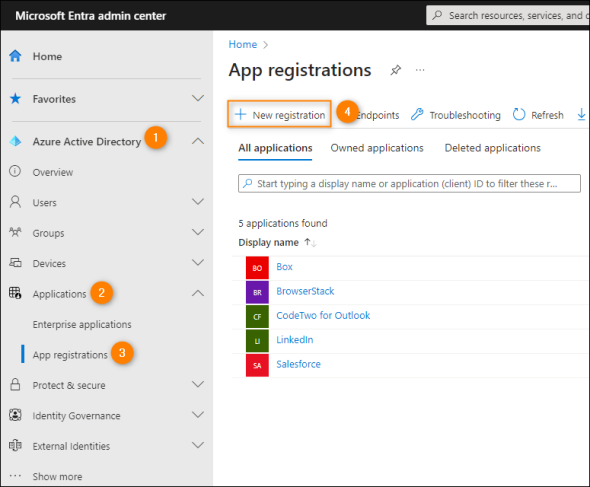 Starting an app registration in the Microsoft Entra admin center.