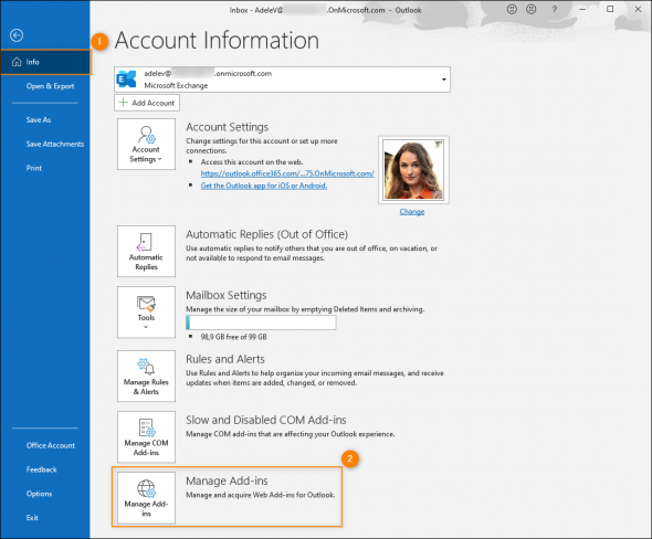 Opening the add-ins management window from the Outlook desktop app.