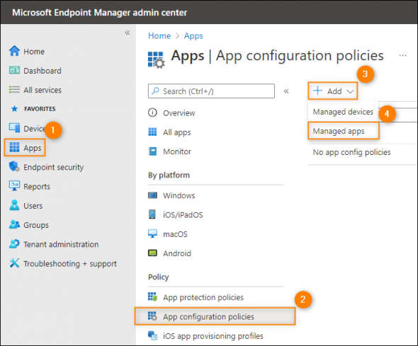 Accessing the Create app configuration policy wizard.