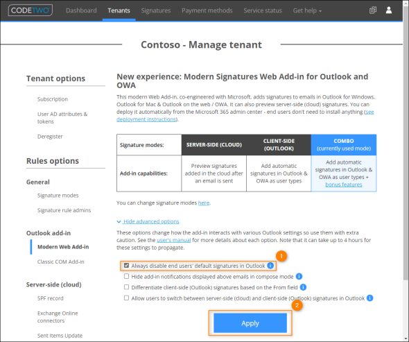 Disabling native Outlook signatures for users with both server-side and client-side signatures (combo mode).