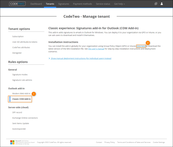 Accessing the COM Add-in download link via the CodeTwo Admin Panel.