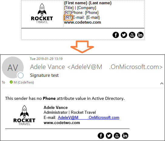 An example of correctly configured RT tags and the resulting signature (the text line with the Phone attribute has been correctly removed).