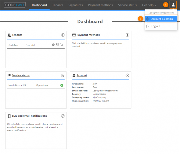 Accessing the CodeTwo Admin Panel account management pages.