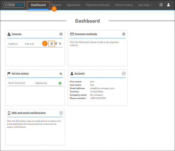 Opening the Manage tenant pages.