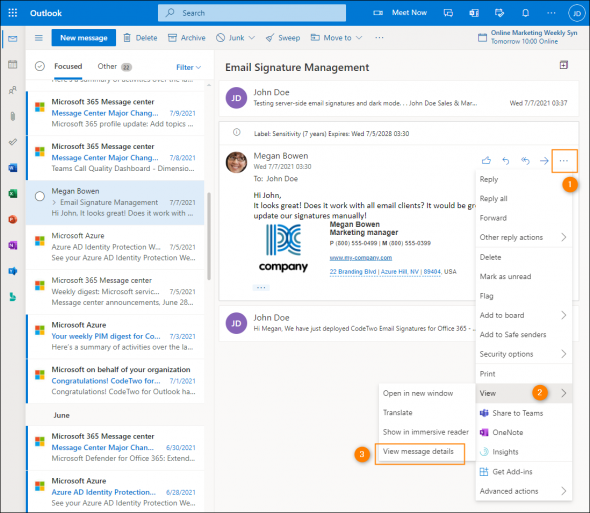 Viewing message details in Outlook on the web.