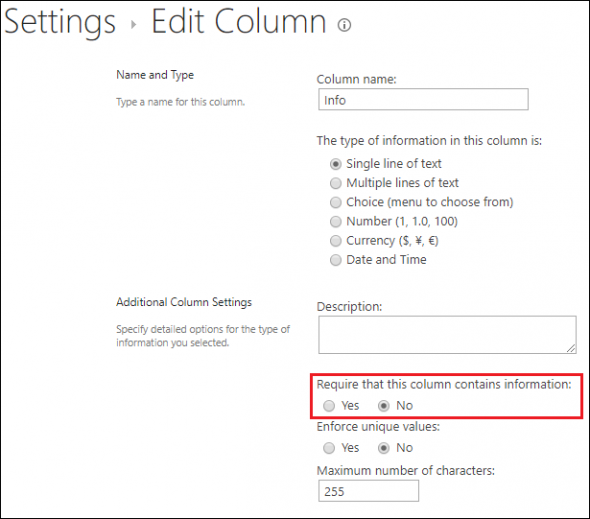 Editing column settings in SharePoint Online.