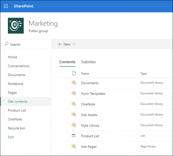 Site contents page in SharePoint Online.