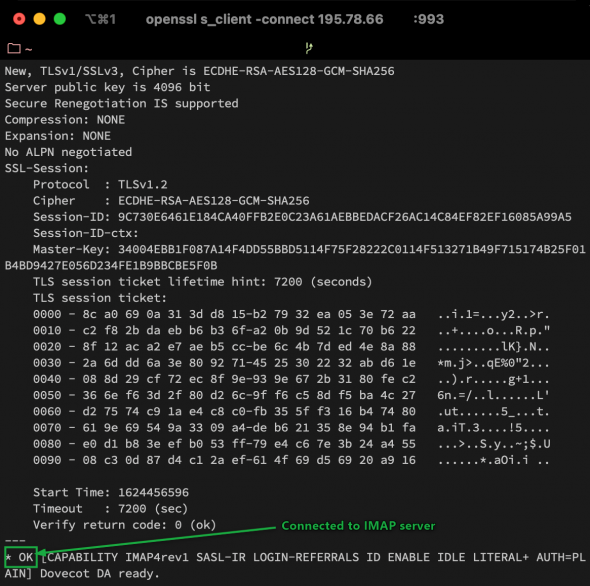 Connected successfully to an IMAP server from a UNIX-based platform.