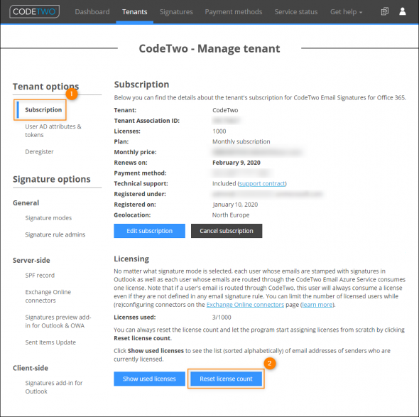 Resetting the license count in CodeTwo Admin Panel.