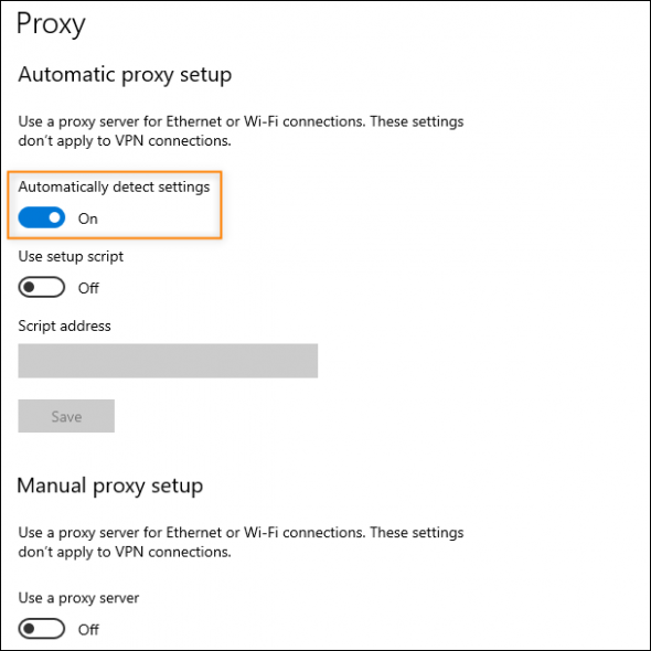 Allowing Windows to automatically detect proxy settings.
