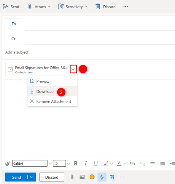 Saving an EML email file attached to a new message in Outlook on the web. 