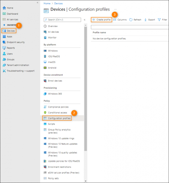 Accessing the configuration profile creation settings in the Microsoft Endpoint Manager admin center.