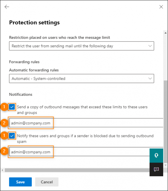 Configuring Office 365 to notify you of blocked users and forward all suspicious emails to your mailbox.