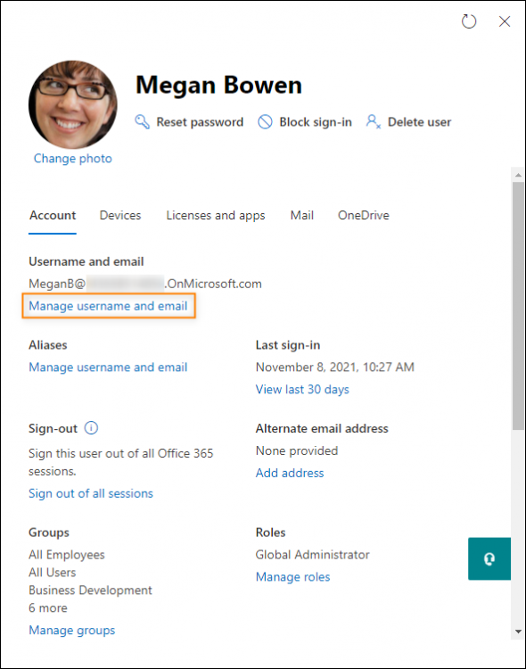 Accessing the username and email settings.