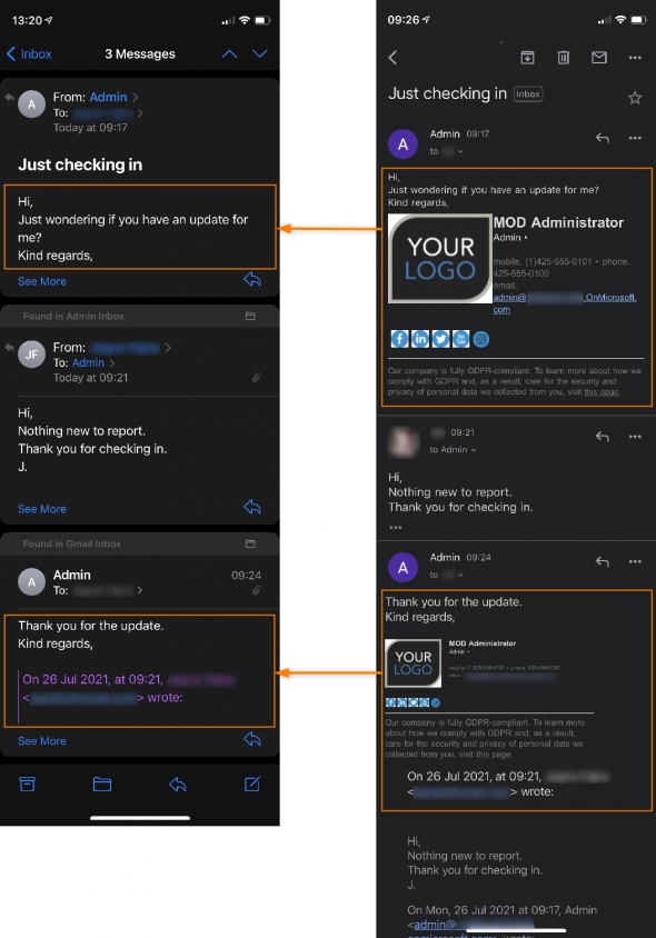 Signature missing in the Mail app (left) and displayed correctly in another email client (right) in the same email thread with 3 messages.