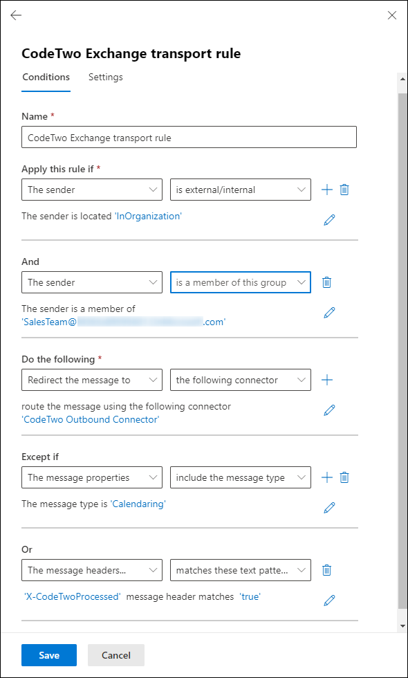 Transport rule configured to add signatures only to emails sent by members of the Sales Team group.