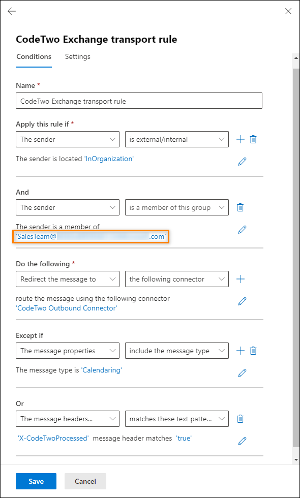 Editing the condition that limits adding signatures to members of the Sales Team group.