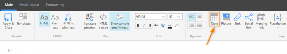 Adding a table in the editor.