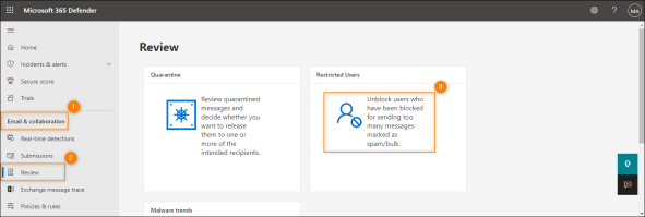 Accessing the list of blocked users in the Microsoft 365 Defender portal.