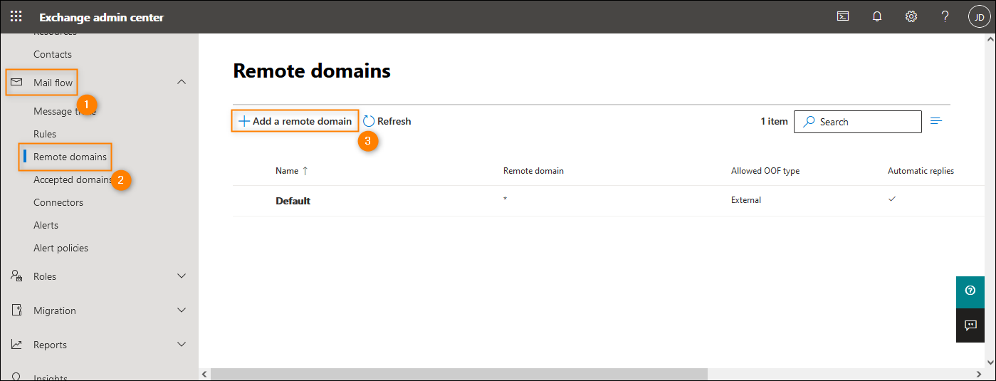 Adding a new remote domain in the Exchange admin center.