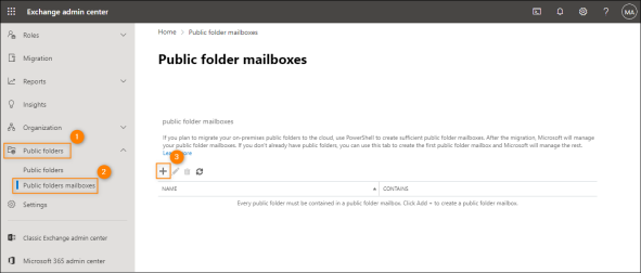 Accessing the Public folders mailboxes page in the Exchange admin center.