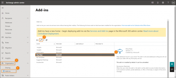 Opening the Bing Maps add-in settings.