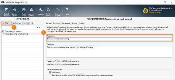 Creating a rule for removing the warning message from emails.