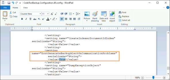 Change the value to True to disable alerts concerning communication problems in CodeTwo Backup.