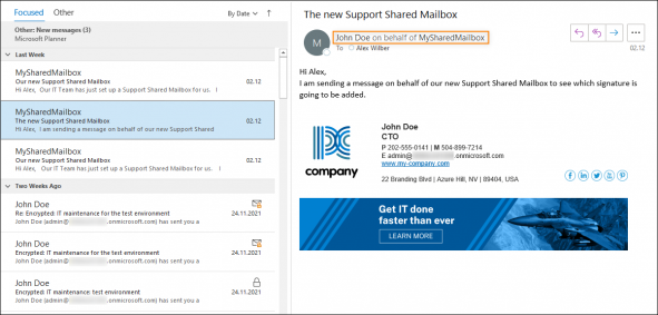 A sample email sent on behalf of a shared mailbox.