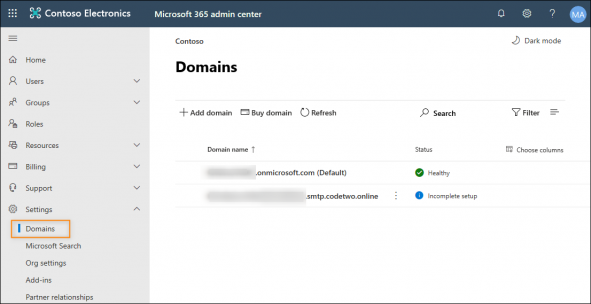 Removing the CodeTwo domain in Office 365 admin center.