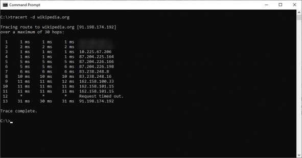 Results of running the tracert command.