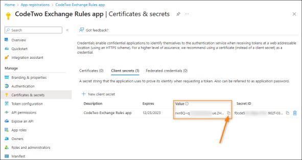 How to copy the client secret value to clipboard.